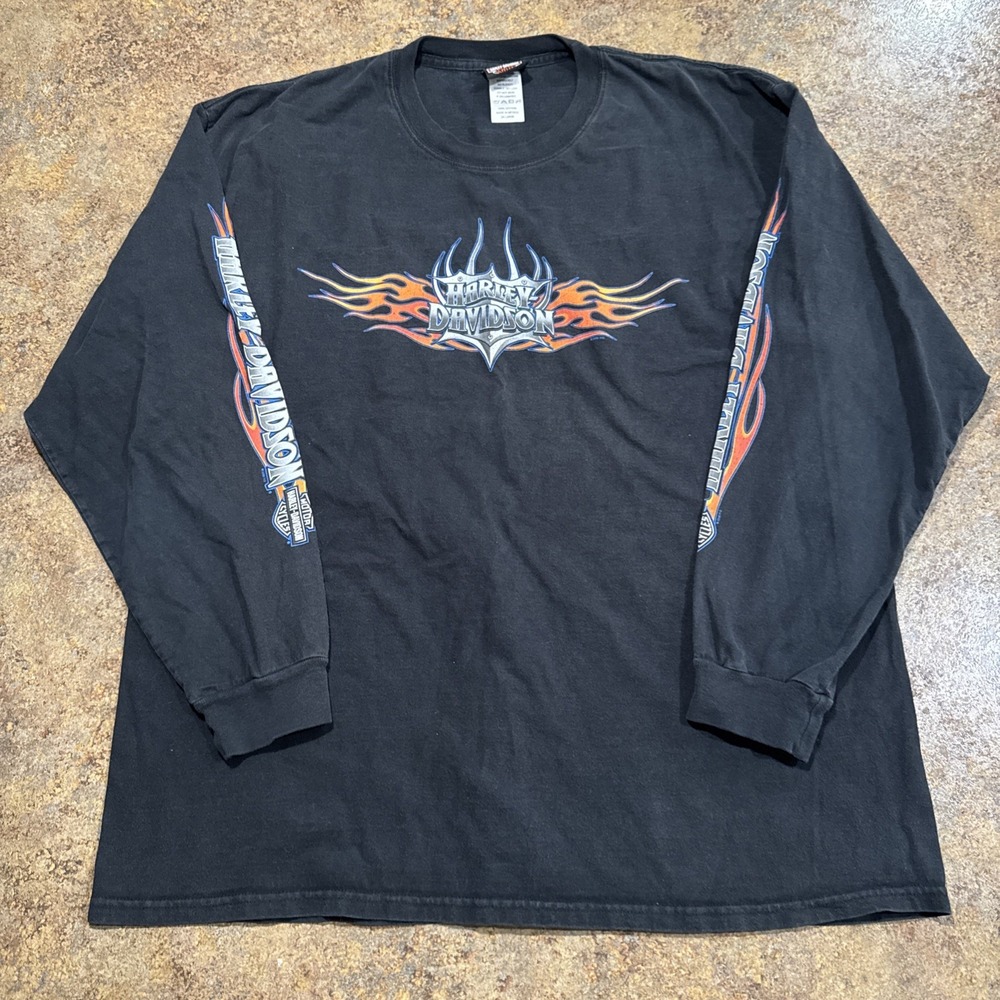 Vintage Y2K Harley Davison Long Sleeve Flames 2002 Black Biker 2XL Van Nuts